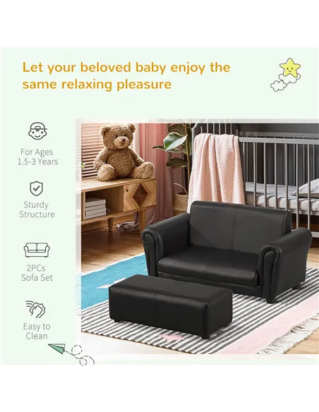 HOMCOM Kids Sofa Bed Kids Twin Sofa Toddler Chair 2 Seater Kids Twin Sofa Chair Boys Girls Couch w/ Footstool (Black)