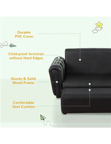 HOMCOM Kids Sofa Bed Kids Twin Sofa Toddler Chair 2 Seater Kids Twin Sofa Chair Boys Girls Couch w/ Footstool (Black)