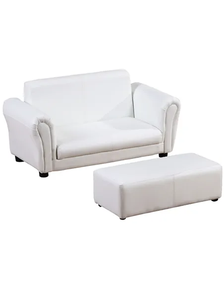 HOMCOM 2 Seater Toddler Chair Kids Twin Sofa Childrens Double Seat Chair Furniture Armchair Boys Girls Couch w/ Footstool (White