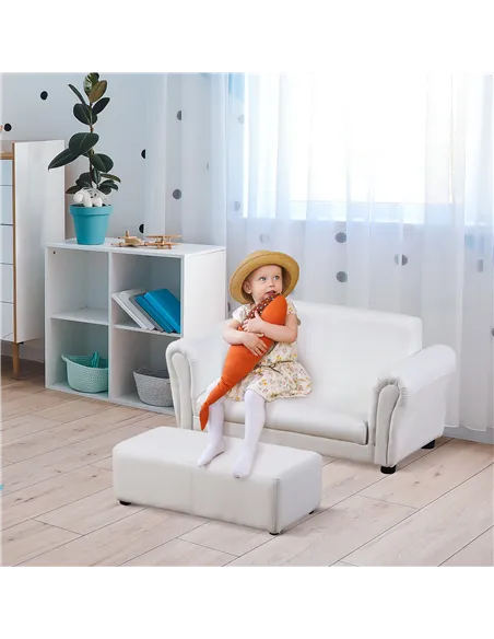 HOMCOM 2 Seater Toddler Chair Kids Twin Sofa Childrens Double Seat Chair Furniture Armchair Boys Girls Couch w/ Footstool (White