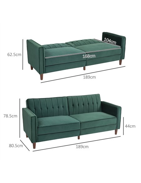 HOMCOM Velvet-Feel Three-Seater Sofa Bed - Green