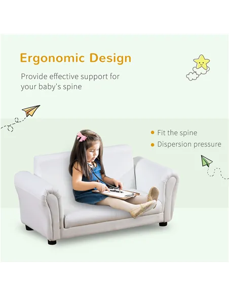 HOMCOM 2 Seater Toddler Chair Kids Twin Sofa Childrens Double Seat Chair Furniture Armchair Boys Girls Couch w/ Footstool (White