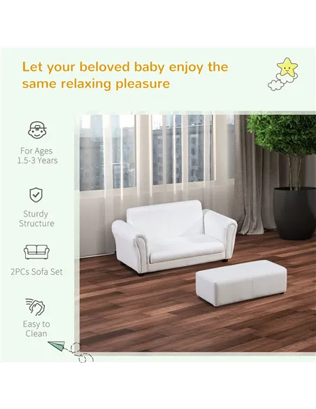 HOMCOM 2 Seater Toddler Chair Kids Twin Sofa Childrens Double Seat Chair Furniture Armchair Boys Girls Couch w/ Footstool (White