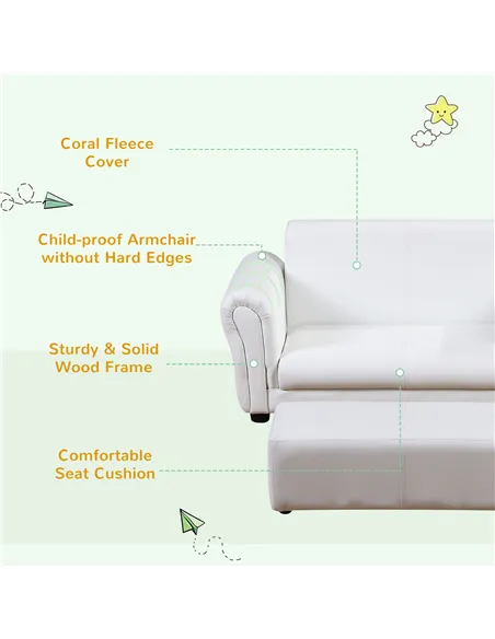 HOMCOM 2 Seater Toddler Chair Kids Twin Sofa Childrens Double Seat Chair Furniture Armchair Boys Girls Couch w/ Footstool (White
