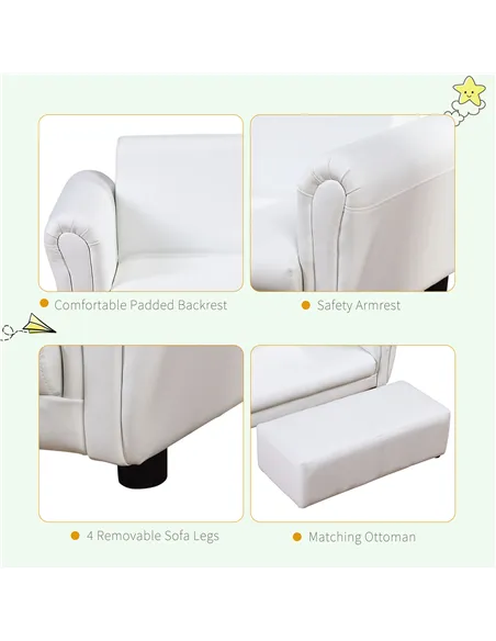 HOMCOM 2 Seater Toddler Chair Kids Twin Sofa Childrens Double Seat Chair Furniture Armchair Boys Girls Couch w/ Footstool (White
