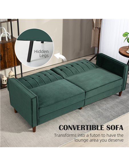 HOMCOM Velvet-Feel Three-Seater Sofa Bed - Green