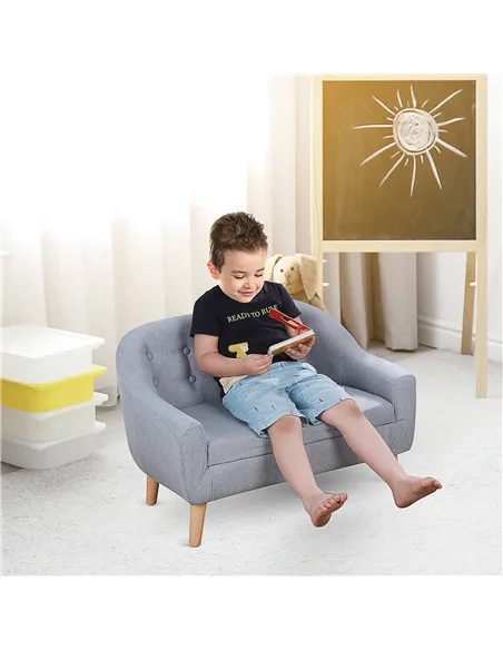HOMCOM Children's Armchairs Kids Armchair Toddler Chair 2 Seater Wood Frame Mini Sofa for Bedroom Playroom Grey