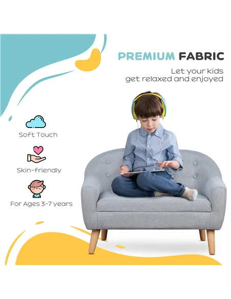 HOMCOM Children's Armchairs Kids Armchair Toddler Chair 2 Seater Wood Frame Mini Sofa for Bedroom Playroom Grey