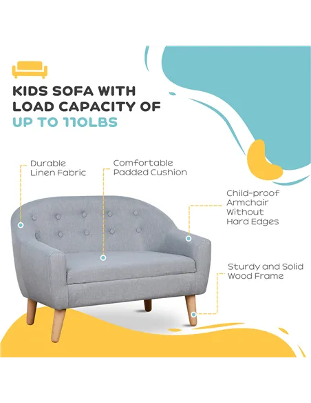 HOMCOM Children's Armchairs Kids Armchair Toddler Chair 2 Seater Wood Frame Mini Sofa for Bedroom Playroom Grey