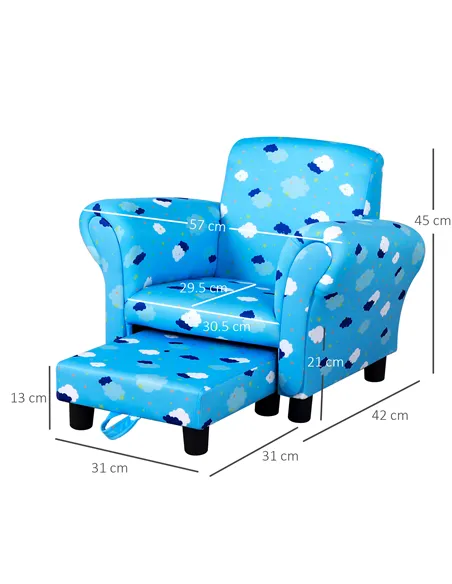 HOMCOM Toddler Chair Children's Armchairs Wood Frame w/ Footrest Anti-Slip Legs High Back Arms for Bedroom Playroom Cute Cloud S