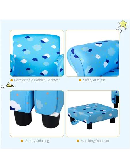 HOMCOM Toddler Chair Children's Armchairs Wood Frame w/ Footrest Anti-Slip Legs High Back Arms for Bedroom Playroom Cute Cloud S