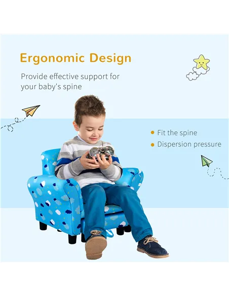HOMCOM Toddler Chair Children's Armchairs Wood Frame w/ Footrest Anti-Slip Legs High Back Arms for Bedroom Playroom Cute Cloud S
