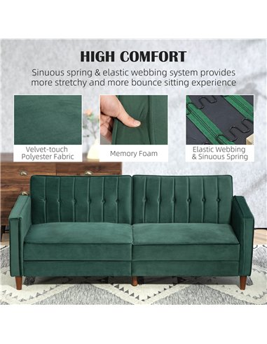 HOMCOM Velvet-Feel Three-Seater Sofa Bed - Green