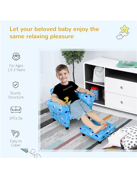 HOMCOM Toddler Chair Children's Armchairs Wood Frame w/ Footrest Anti-Slip Legs High Back Arms for Bedroom Playroom Cute Cloud S