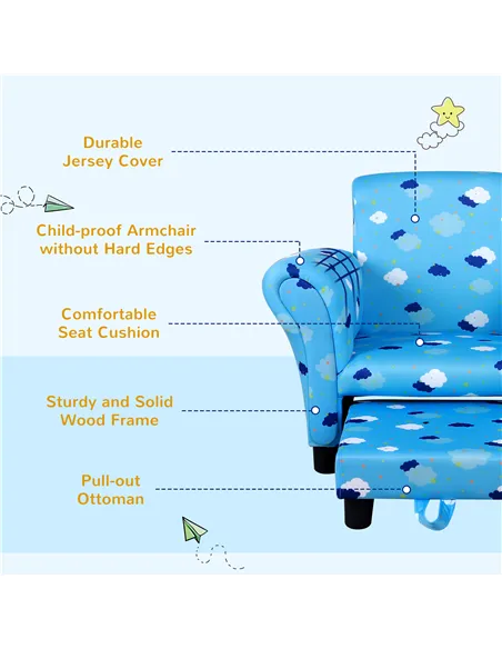 HOMCOM Toddler Chair Children's Armchairs Wood Frame w/ Footrest Anti-Slip Legs High Back Arms for Bedroom Playroom Cute Cloud S