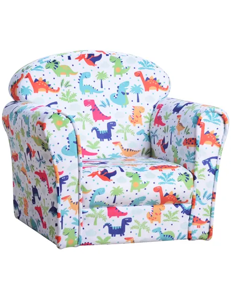 HOMCOM Children Armchair Kids Sofa Tub Chair Seat Cartoon Dinosaur Pattern Bedroom Flannel Wooden Frame Non-slip Playroom Seater