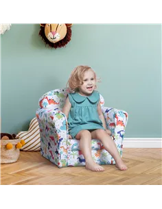 HOMCOM Children Armchair Kids Sofa Tub Chair Seat Cartoon Dinosaur Pattern Bedroom Flannel Wooden Frame Non-slip Playroom Seater 2