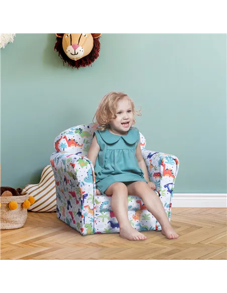 HOMCOM Children Armchair Kids Sofa Tub Chair Seat Cartoon Dinosaur Pattern Bedroom Flannel Wooden Frame Non-slip Playroom Seater