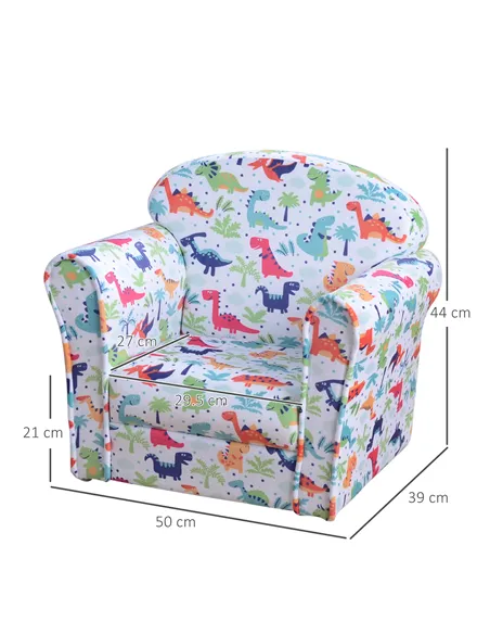 HOMCOM Children Armchair Kids Sofa Tub Chair Seat Cartoon Dinosaur Pattern Bedroom Flannel Wooden Frame Non-slip Playroom Seater