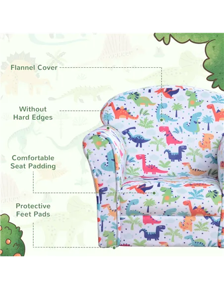 HOMCOM Children Armchair Kids Sofa Tub Chair Seat Cartoon Dinosaur Pattern Bedroom Flannel Wooden Frame Non-slip Playroom Seater