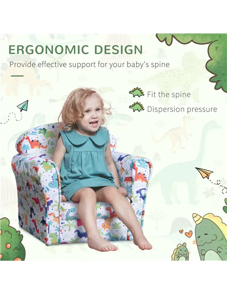 HOMCOM Children Armchair Kids Sofa Tub Chair Seat Cartoon Dinosaur Pattern Bedroom Flannel Wooden Frame Non-slip Playroom Seater