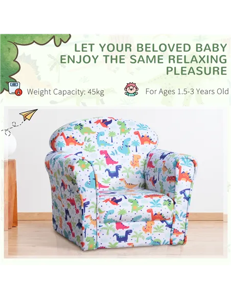 HOMCOM Children Armchair Kids Sofa Tub Chair Seat Cartoon Dinosaur Pattern Bedroom Flannel Wooden Frame Non-slip Playroom Seater