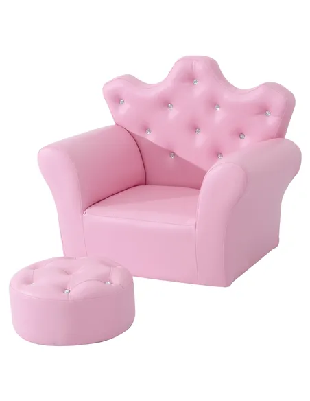 HOMCOM Children Kids Sofa Set Armchair Chair Seat with Free Footstool PU Leather for Girls 58L x 40.5W x 49H cm Pink