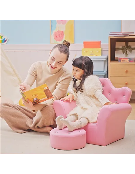 HOMCOM Children Kids Sofa Set Armchair Chair Seat with Free Footstool PU Leather for Girls 58L x 40.5W x 49H cm Pink