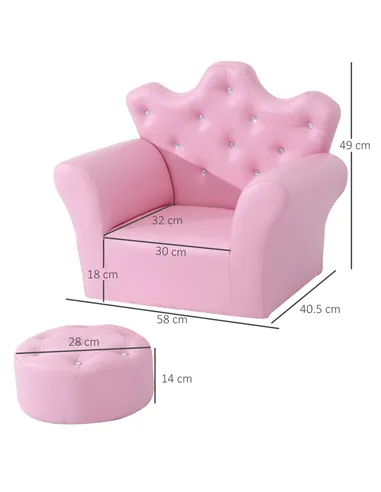 HOMCOM Children Kids Sofa Set Armchair Chair Seat with Free Footstool PU Leather for Girls 58L x 40.5W x 49H cm Pink