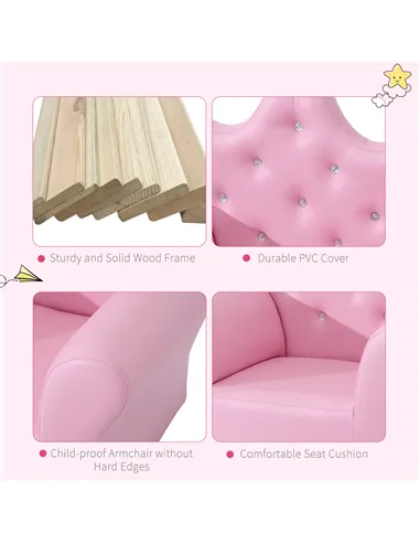 HOMCOM Children Kids Sofa Set Armchair Chair Seat with Free Footstool PU Leather for Girls 58L x 40.5W x 49H cm Pink