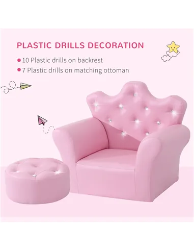 HOMCOM Children Kids Sofa Set Armchair Chair Seat with Free Footstool PU Leather for Girls 58L x 40.5W x 49H cm Pink