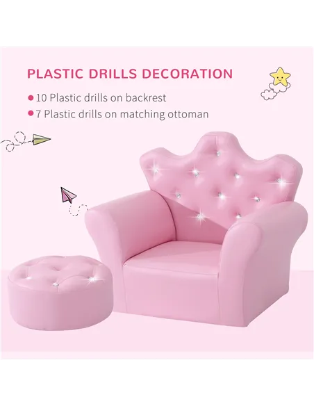 HOMCOM Children Kids Sofa Set Armchair Chair Seat with Free Footstool PU Leather for Girls 58L x 40.5W x 49H cm Pink