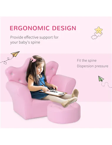HOMCOM Children Kids Sofa Set Armchair Chair Seat with Free Footstool PU Leather for Girls 58L x 40.5W x 49H cm Pink