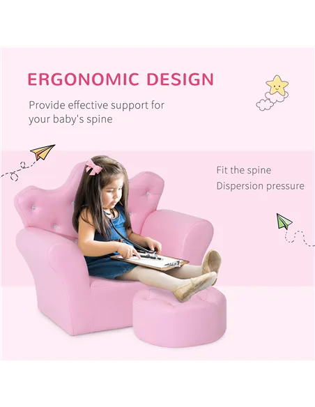 HOMCOM Children Kids Sofa Set Armchair Chair Seat with Free Footstool PU Leather for Girls 58L x 40.5W x 49H cm Pink
