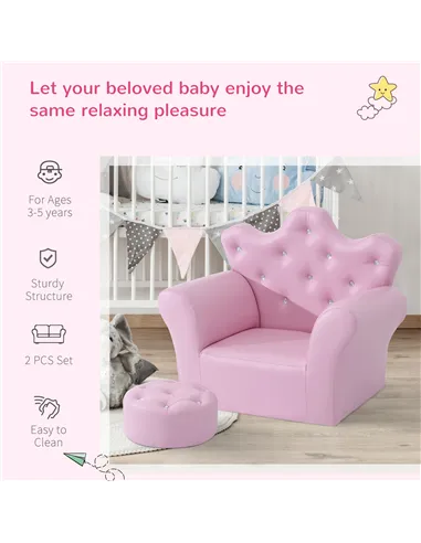 HOMCOM Children Kids Sofa Set Armchair Chair Seat with Free Footstool PU Leather for Girls 58L x 40.5W x 49H cm Pink