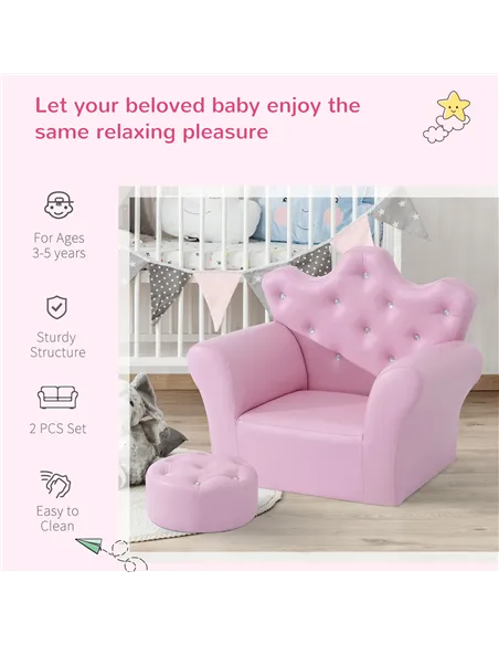 HOMCOM Children Kids Sofa Set Armchair Chair Seat with Free Footstool PU Leather for Girls 58L x 40.5W x 49H cm Pink