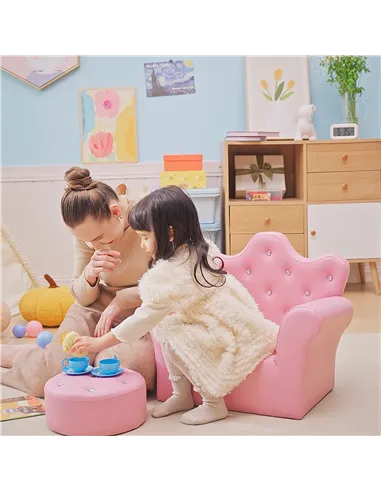 HOMCOM Children Kids Sofa Set Armchair Chair Seat with Free Footstool PU Leather for Girls 58L x 40.5W x 49H cm Pink