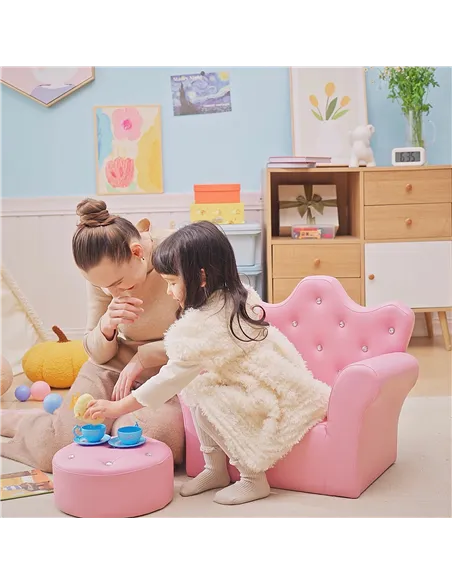 HOMCOM Children Kids Sofa Set Armchair Chair Seat with Free Footstool PU Leather for Girls 58L x 40.5W x 49H cm Pink