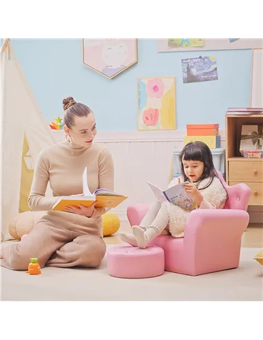 HOMCOM Children Kids Sofa Set Armchair Chair Seat with Free Footstool PU Leather for Girls 58L x 40.5W x 49H cm Pink