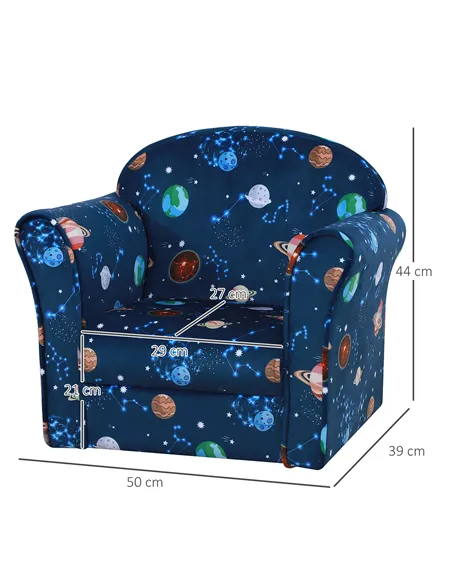 HOMCOM Kids Planet-Themed Armchair, with Non-Slip Feet, Wooden Frame - Blue