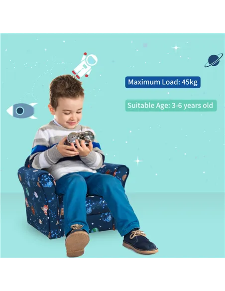 HOMCOM Kids Planet-Themed Armchair, with Non-Slip Feet, Wooden Frame - Blue