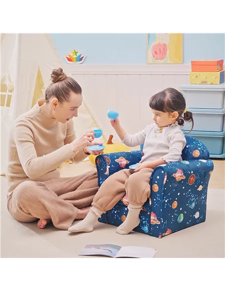 HOMCOM Kids Planet-Themed Armchair, with Non-Slip Feet, Wooden Frame - Blue