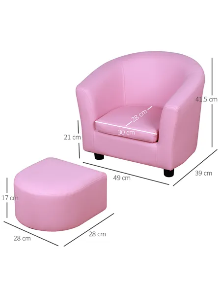 HOMCOM Kids Toddler Sofa Children's Armchair Footstool with Thick Padding, Anti-skid Foot Pads, 30 x 28 x 21cm, Pink