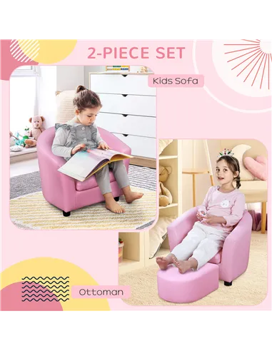 HOMCOM Kids Toddler Sofa Children's Armchair Footstool with Thick Padding, Anti-skid Foot Pads, 30 x 28 x 21cm, Pink