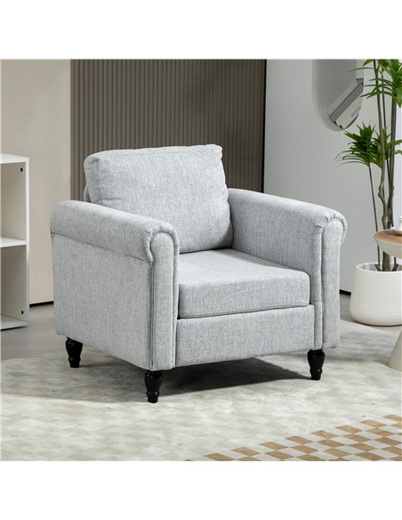 HOMCOM Vintage Accent Chair, Upholstered Occasional Chair with Back Pillow, Rolled Arms, Rubber Wood Legs, Light Grey