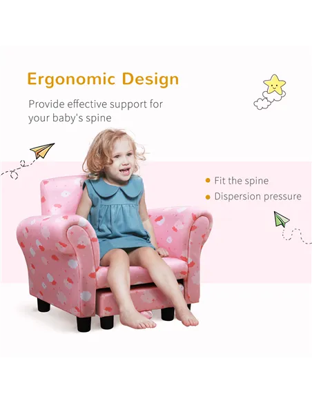 HOMCOM Toddler Chair Children's Armchairs Wood Frame w/ Footrest Anti-Slip Legs High Back Arms for Bedroom Playroom Cute Cloud S