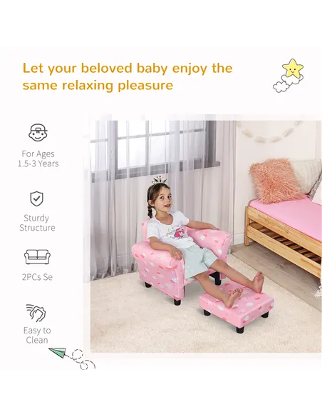 HOMCOM Toddler Chair Children's Armchairs Wood Frame w/ Footrest Anti-Slip Legs High Back Arms for Bedroom Playroom Cute Cloud S