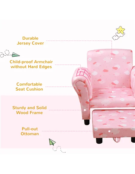 HOMCOM Toddler Chair Children's Armchairs Wood Frame w/ Footrest Anti-Slip Legs High Back Arms for Bedroom Playroom Cute Cloud S