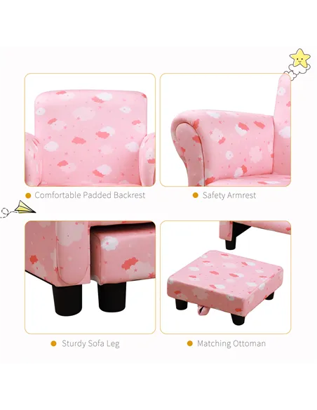 HOMCOM Toddler Chair Children's Armchairs Wood Frame w/ Footrest Anti-Slip Legs High Back Arms for Bedroom Playroom Cute Cloud S
