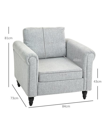 HOMCOM Vintage Accent Chair, Upholstered Occasional Chair with Back Pillow, Rolled Arms, Rubber Wood Legs, Light Grey